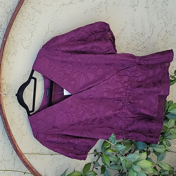 Plum Faux Wrap Ruffle Ann Taylor Blouse Womens Size Large - Picture 1 of 10